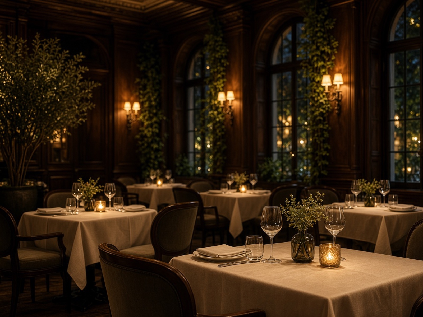 Hotel restaurant dining room with warm lighting