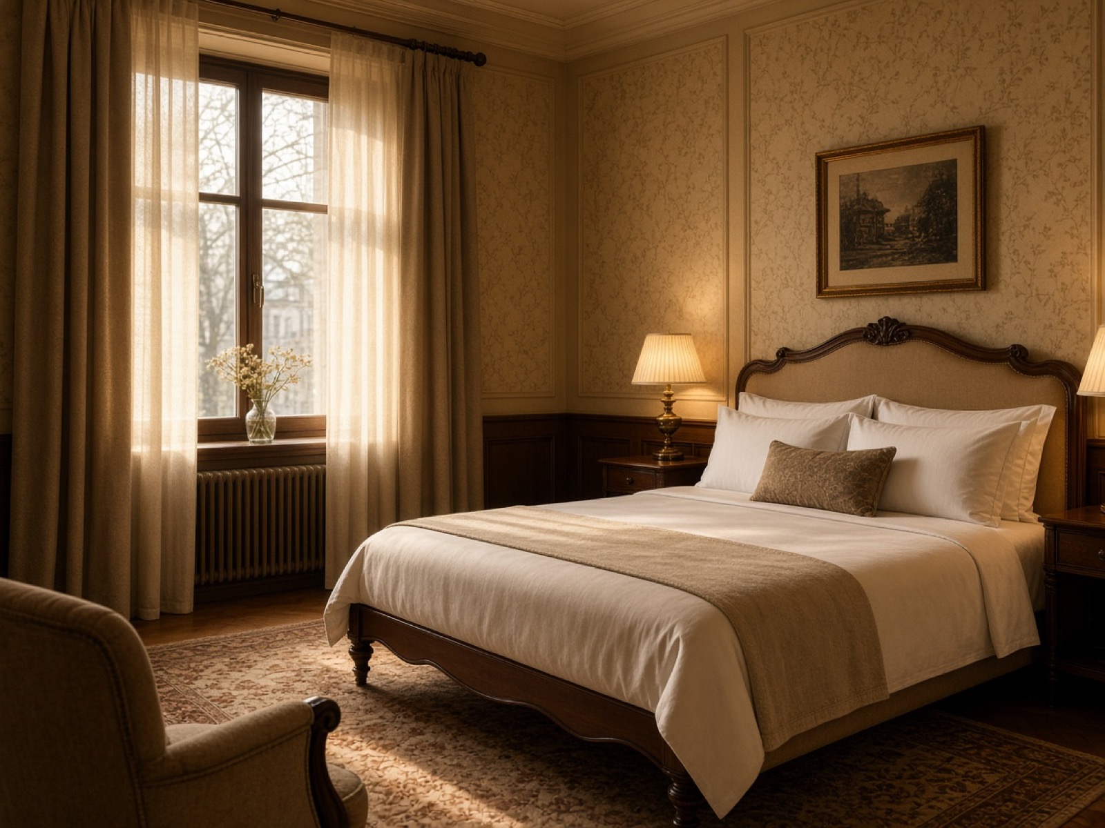 Calm historic hotel guest room